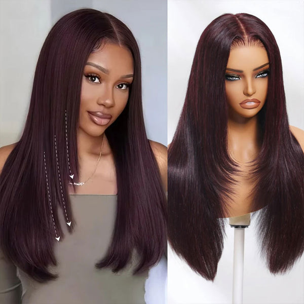 Klaiyi Black Cherry Layered Cut Straight 13x4 Pre-Everything Lace Frontal Wig Put on and Go Wig