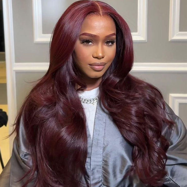 Klaiyi Black Cherry Layered Cut Straight 13x4 Pre-Everything Lace Frontal Wig Put on and Go Wig