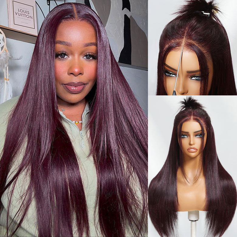 Klaiyi Black Cherry Layered Cut Straight 13x4 Pre-Everything Lace Frontal Wig Put on and Go Wig