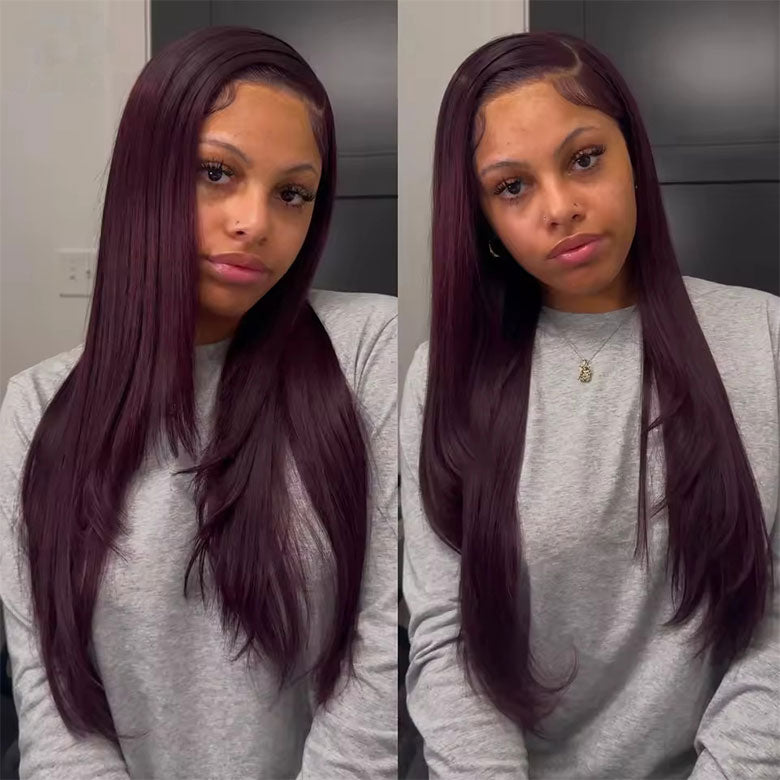 Klaiyi Black Cherry Layered Cut Straight 13x4 Pre-Everything Lace Frontal Wig Put on and Go Wig