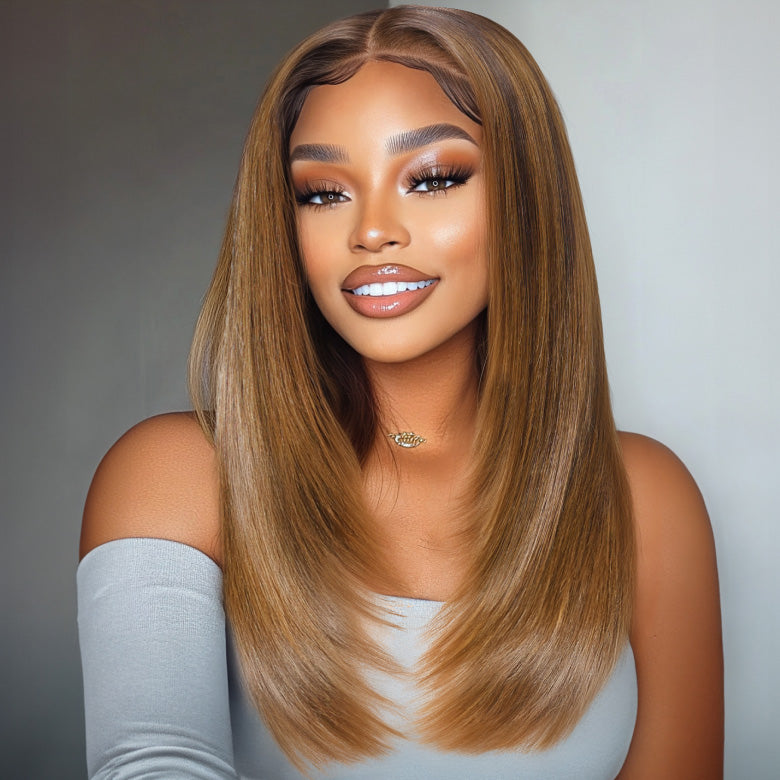 Klaiyi 7x5 Caramel Blonde Layered Straight Wig Put on and Go Glueless Wig Invisible Knots 180% Density