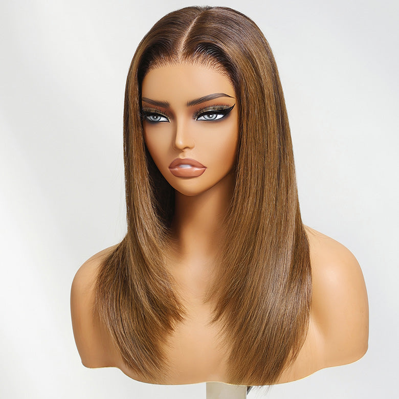 Klaiyi 7x5 Caramel Blonde Layered Straight Wig Put on and Go Glueless Wig Invisible Knots 180% Density