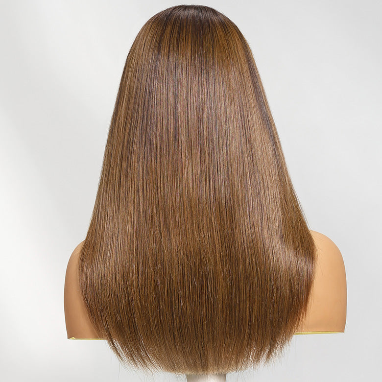 Klaiyi 7x5 Caramel Blonde Layered Straight Wig Put on and Go Glueless Wig Invisible Knots 180% Density