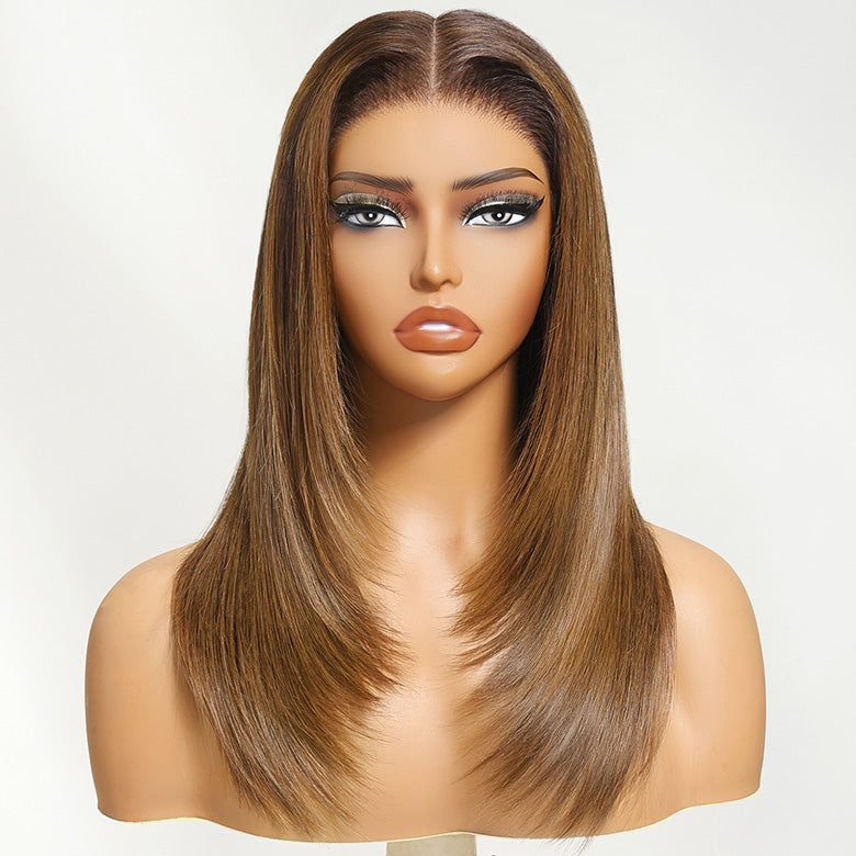 Klaiyi 7x5 Caramel Blonde Layered Straight Wig Put on and Go Glueless Wig Invisible Knots 180% Density