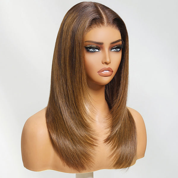 Klaiyi 7x5 Caramel Blonde Layered Straight Wig Put on and Go Glueless Wig Invisible Knots 180% Density