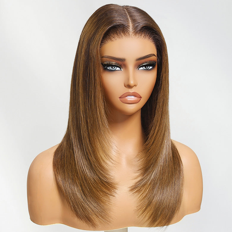 Klaiyi 7x5 Caramel Blonde Layered Straight Wig Put on and Go Glueless Wig Invisible Knots 180% Density