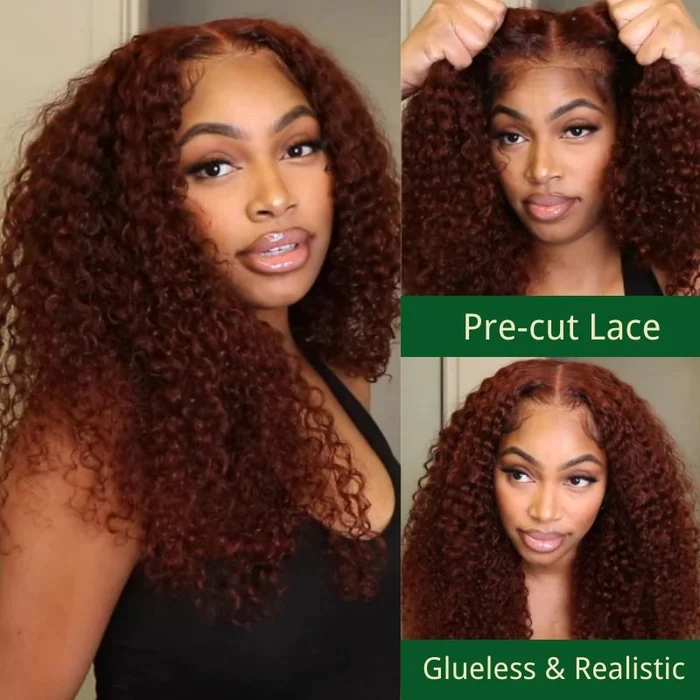 Klaiyi Pre-Cut Lace Wig Put On and Go Wigs Reddish Brown Jerry Curly Lace Closure Wig Beginner Wig