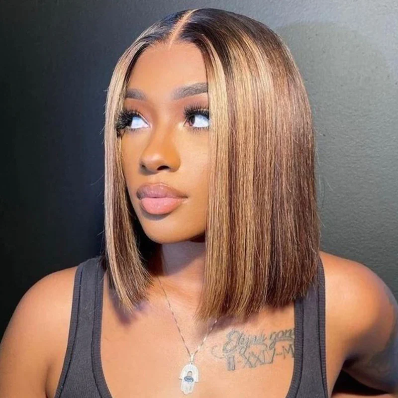 $200 OFF| Ship in 24hrs| 180% Density Pre Cut Lace Wig Ombre Highlight Piano Brown Short Bob Wear Go Wig Flash Sale