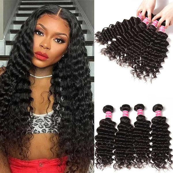 Klaiyi Hair 4pcs/pack Brazilian Deep Wave Human Hair Bundles 100% Human Hair Weaves