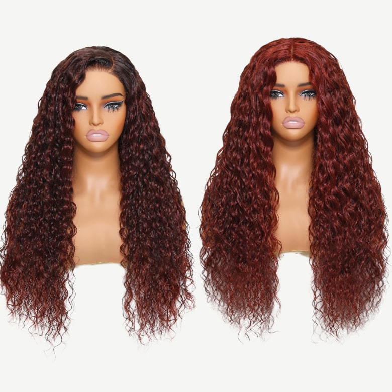 Klaiyi Ombre Black Cherry &Reddish Brown Double Wear Wig Water Wave Flip & Go Fast Transformation 100% Human Hair