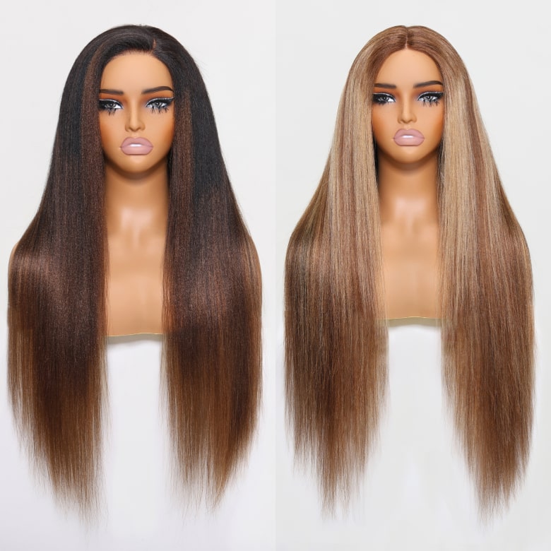 Klaiyi Double Wear Wig Ombre Chestnut Brown&Honey Blonde Yaki Straight Wig Flip & Go Fast Transformation 100% Human Hair