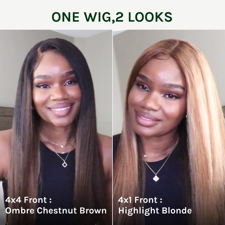 Klaiyi Double Wear Wig Ombre Chestnut Brown&Honey Blonde Yaki Straight Wig Flip & Go Fast Transformation 100% Human Hair