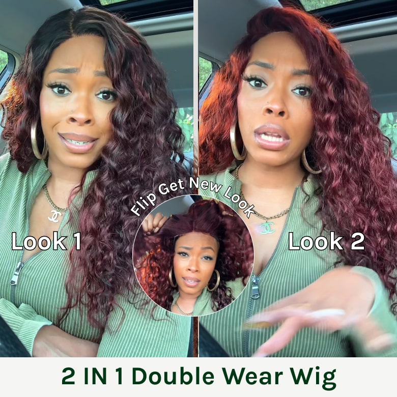 Klaiyi Ombre Black Cherry &Reddish Brown Double Wear Wig Water Wave Flip & Go Fast Transformation 100% Human Hair