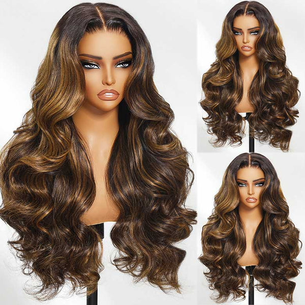 All Wigs Under $100 | Klaiyi Dark Root Brown Balayage Highlight Body Wave Lace Front Wig Flash Sale