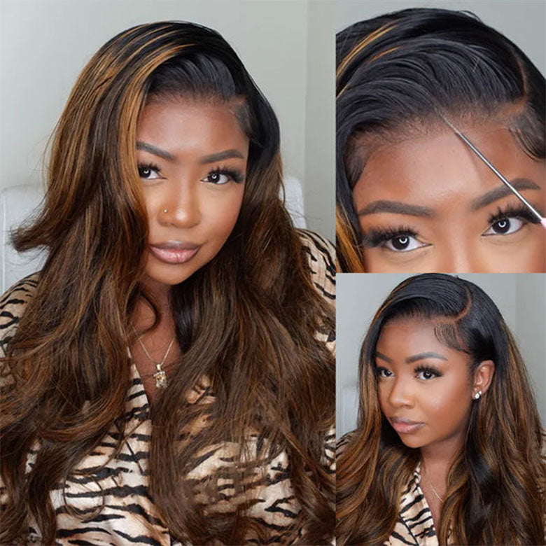 Klaiyi Ombre Brown Balayage Highlight Body Wave 7x5 Bye Bye Knots Wig Precolored Human Hair Lace Wig