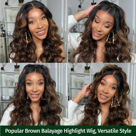 All Wigs Under $100 | Klaiyi Dark Root Brown Balayage Highlight Body Wave Lace Front Wig Flash Sale