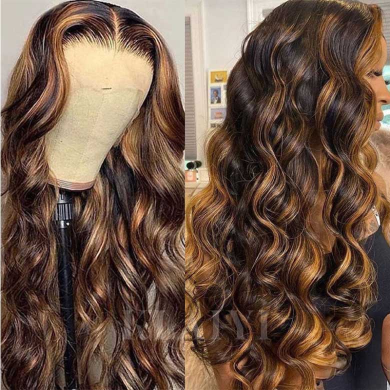 Klaiyi Precolored Ombre Balayage Highlight Body Wave Lace Front Human Hair Wigs