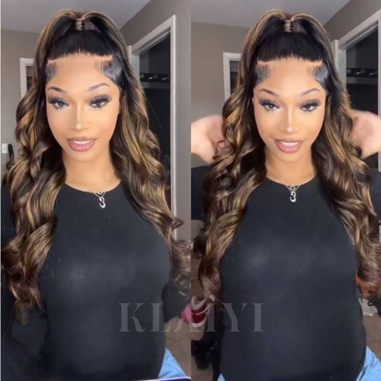 Klaiyi Precolored Ombre Balayage Highlight Body Wave Lace Front Human Hair Wigs