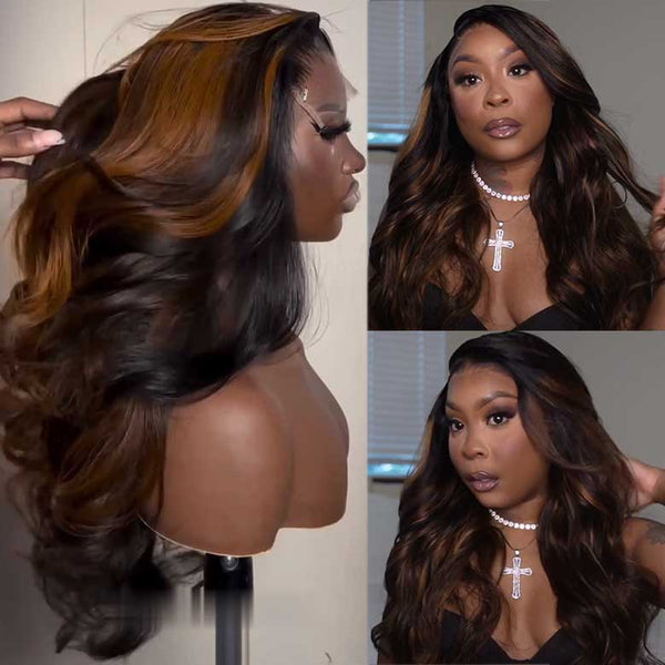 Extra 60% OFF | Klaiyi Dark Root Brown Balayage Highlight Body Wave Lace Front Wig Flash Sale