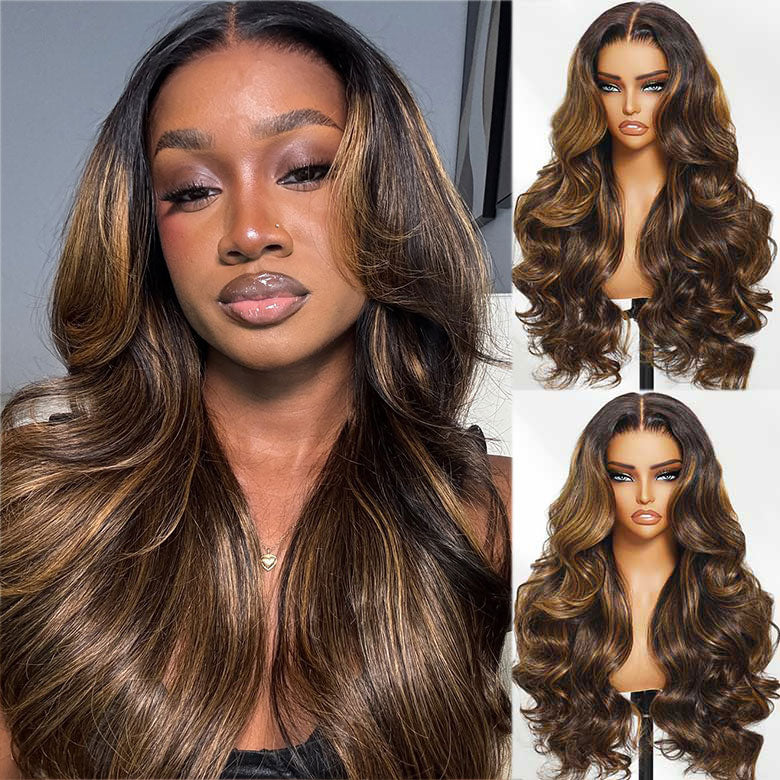 Klaiyi Ombre Brown Balayage Highlight Body Wave 7x5 Bye Bye Knots Wig Precolored Human Hair Lace Wig