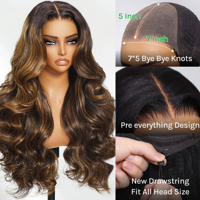 Klaiyi Ombre Brown Balayage Highlight Body Wave 7x5 Bye Bye Knots Wig Precolored Human Hair Lace Wig