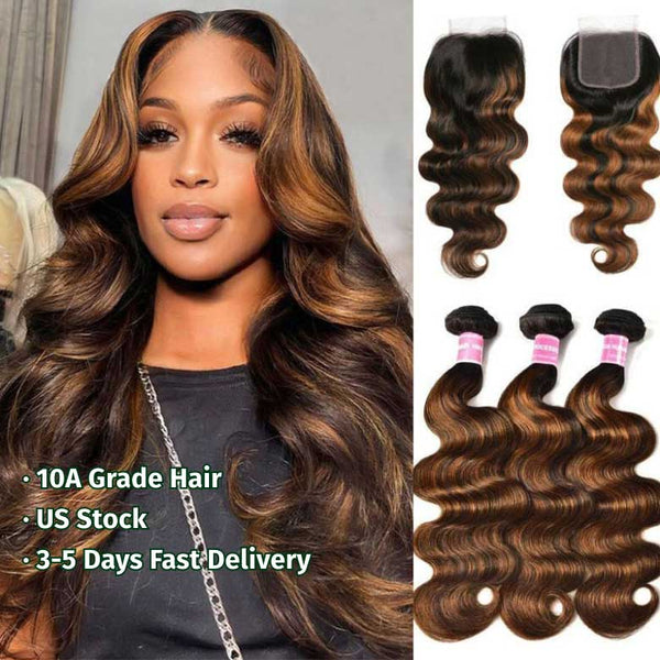 Klaiyi Balayage Hair Color 3 Bundles with Lace Closure Pre Plucked Free Part Highlights Ombre Hair Bundles Body Wave