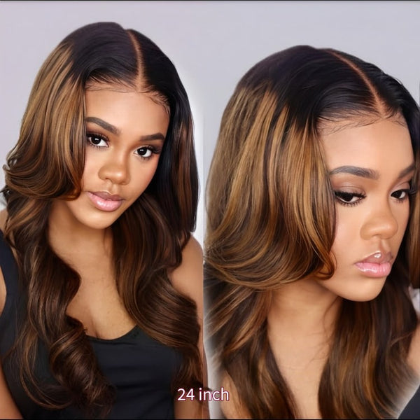 Klaiyi Precolored Ombre Balayage Highlight Body Wave Lace Front Human Hair Wigs