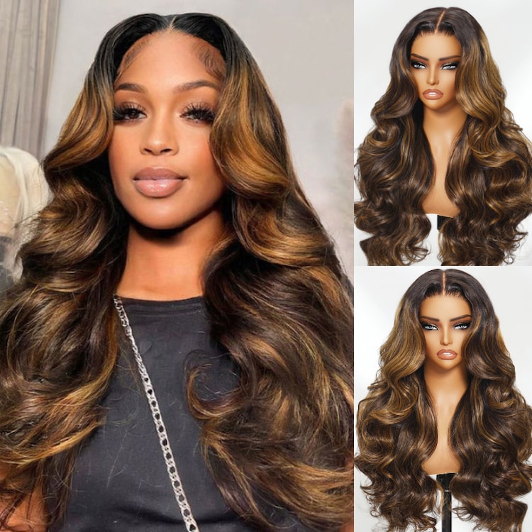 All Wigs Under $100 | Klaiyi Dark Root Brown Balayage Highlight Body Wave Lace Front Wig Flash Sale