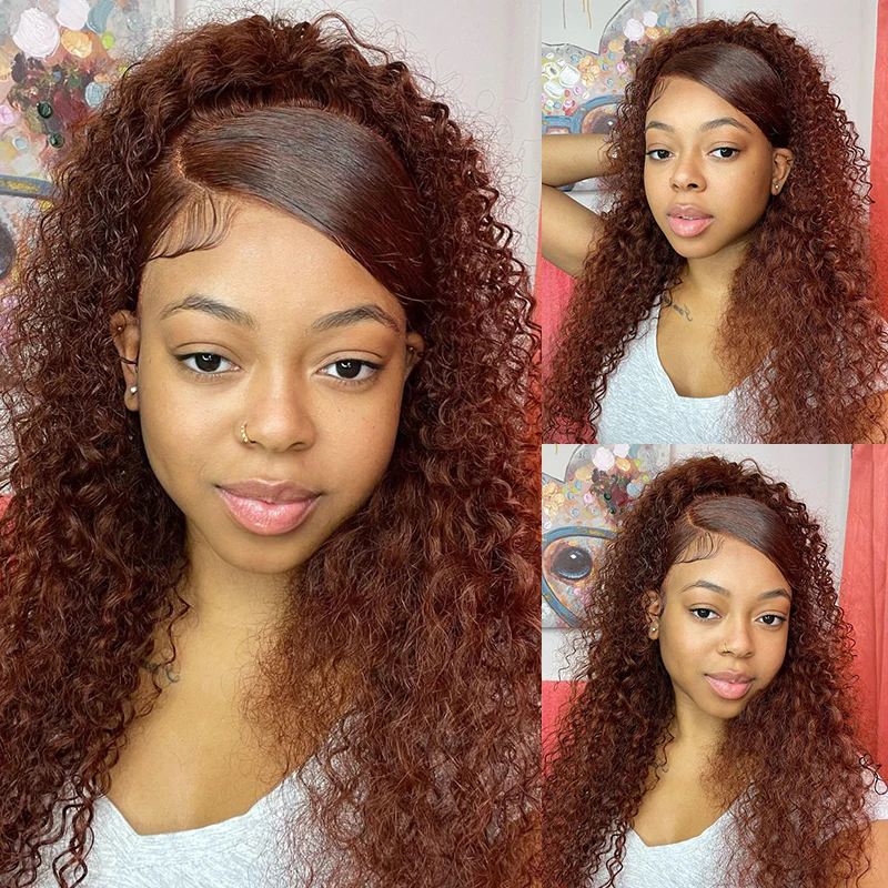 Klaiyi Pre-cut Lace Put On and Go Auburn Color Water Wave Reddish Brown Color Wigs Flash Sale