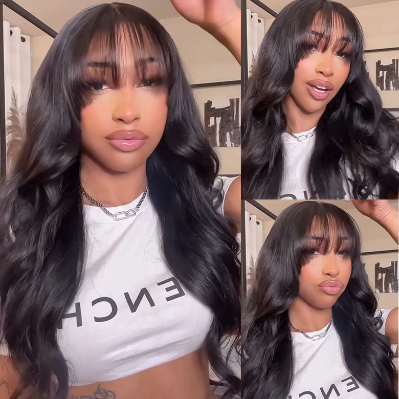 Klaiyi 13x4 3D Fluffy Body Wave Lace Frontal Wig with Bangs & Layers Pre everything Put on and Go Human Hair Wigs