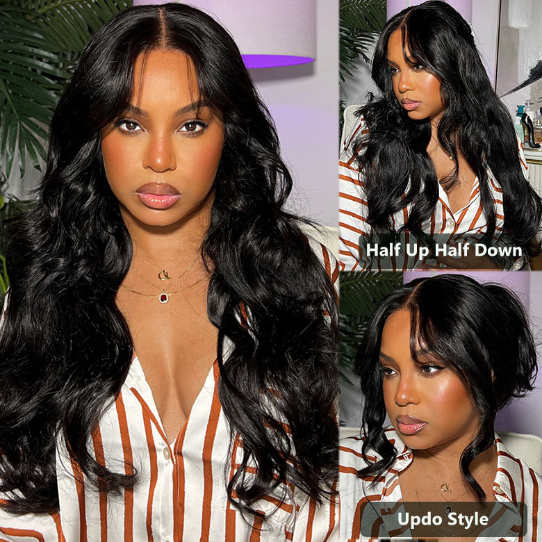 Klaiyi 13x4 3D Fluffy Body Wave Lace Frontal Wig with Bangs & Layers Pre everything Put on and Go Human Hair Wigs