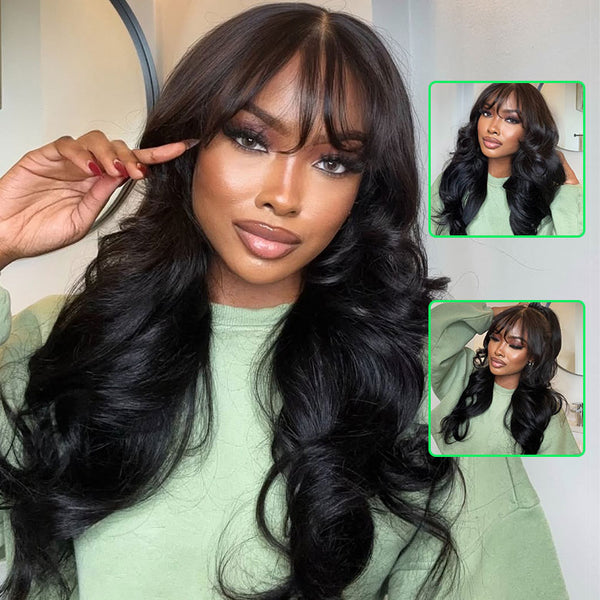 Klaiyi 13x4 3D Fluffy Body Wave Lace Frontal Wig with Bangs & Layers Pre everything Put on and Go Human Hair Wigs