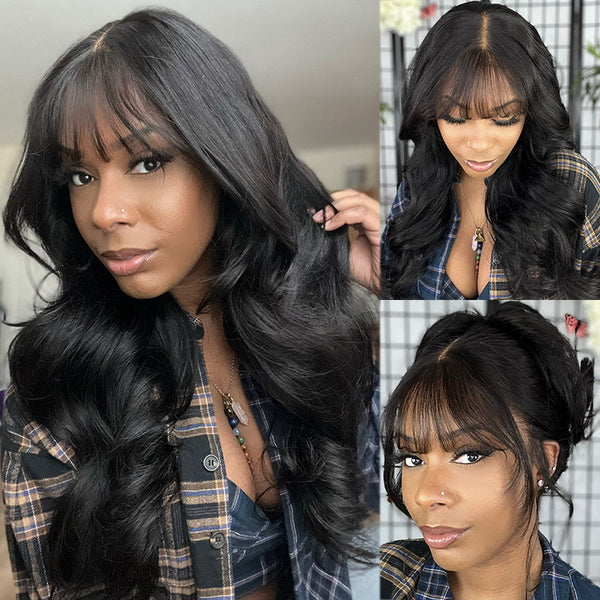 Klaiyi 13x4 3D Fluffy Body Wave Lace Frontal Wig with Curtain Bangs & Layers Pre everything Put on and Go Human Hair Wigs