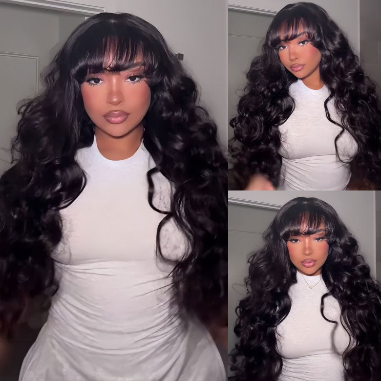 Klaiyi 13x4 3D Fluffy Body Wave Lace Frontal Wig with Curtain Bangs & Layers Pre everything Put on and Go Human Hair Wigs