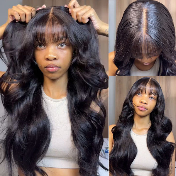 Klaiyi 13x4 /7x5 3D Fluffy Body Wave Lace Frontal Wig with Bangs & Layers Pre everything Wigs Human Hair Flash Sale