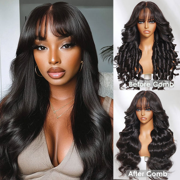 Klaiyi 13x4 3D Fluffy Body Wave Lace Frontal Wig with Bangs & Layers Pre everything Put on and Go Human Hair Wigs