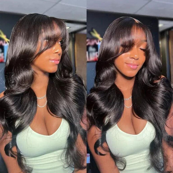 Klaiyi 13x4 3D Fluffy Body Wave Lace Frontal Wig with Bangs & Layers Pre everything Put on and Go Human Hair Wigs