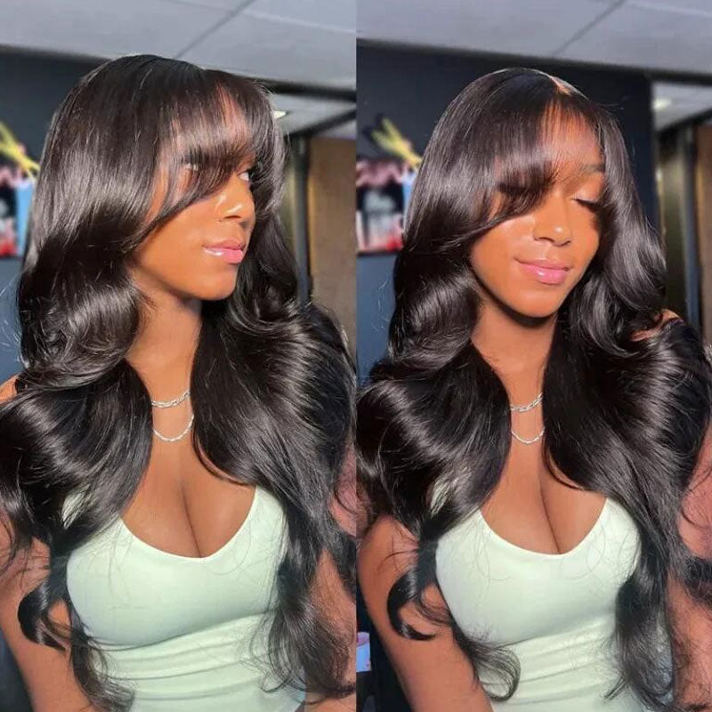 Extra 50% Off Code HALF50  |Klaiyi 13x4 3D Fluffy Body Wave Lace Frontal Wig with Curtain Bangs Face Framing Style Put on and go Glueless Wigs