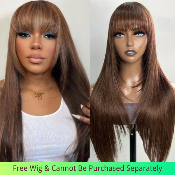 Free Wig | Klaiyi Middle Brown Bone Straight Wig With Bang Machine Made Human Hair