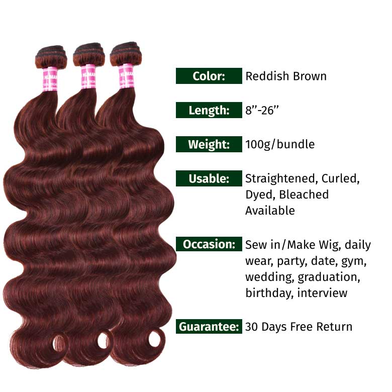 Klaiyi 3 Bundles with Lace Closure Pre Plucked Auburn Copper Reddish Brown Human Hair