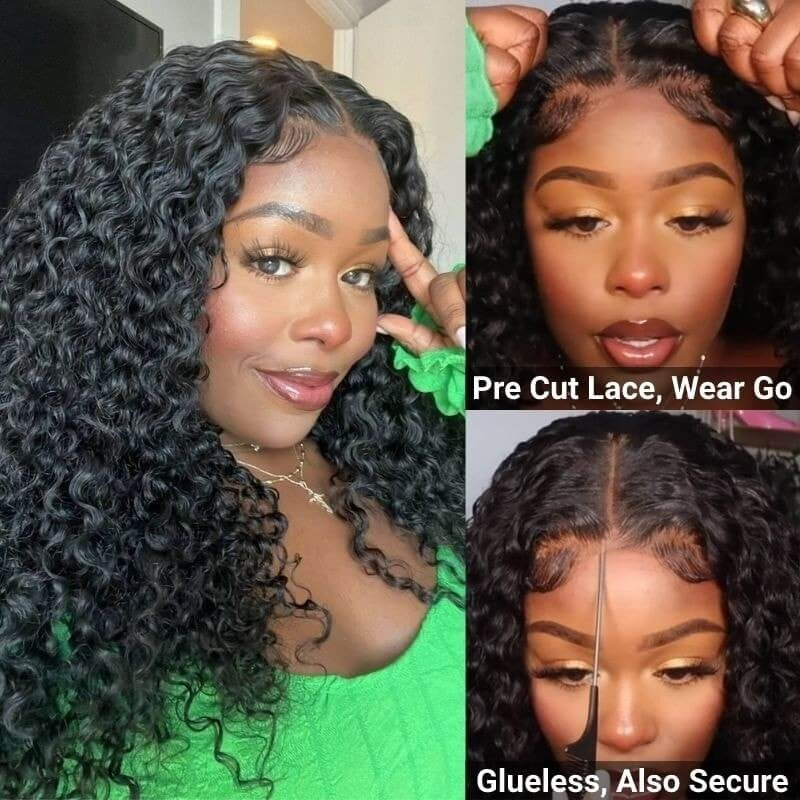 Klaiyi No Glue Pre-cut Pre-plucked Put On and Go Larger Lace Size Jerry Curly Lace Closure Wig Flash Sale