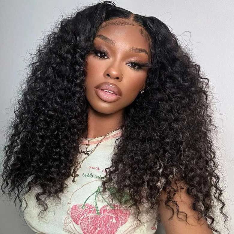 Klaiyi No Glue Pre-cut Pre-plucked Put On and Go Larger Lace Size Jerry Curly Lace Closure Wig Flash Sale