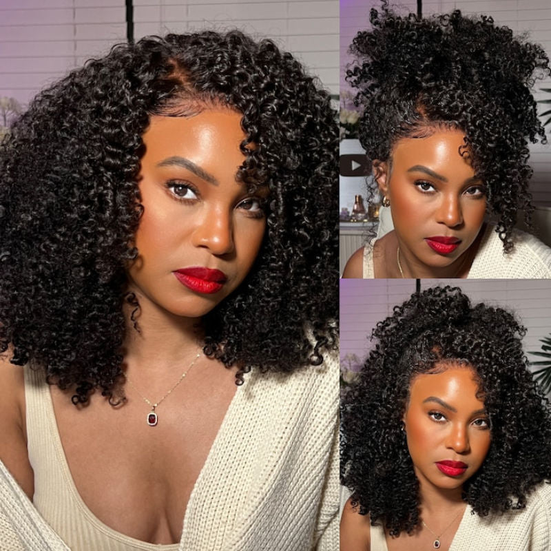 Klaiyi Put On and Go 7x5 Bye Bye Knots Pre-cut Glueless Lace Wig Natural Color Kinky Curly Human Hair