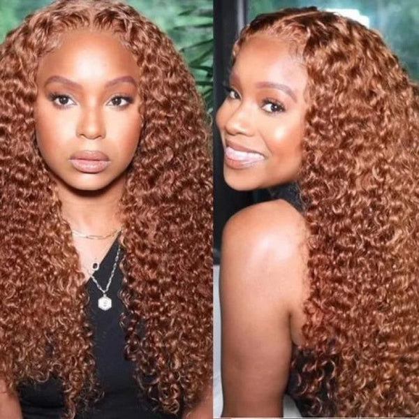 $100 Off Full $101 | Code: SAVE100 Klaiyi Medium Auburn Brown Colored Jerry Curly Lace Front Wigs Virgin Human Hair Ginger Color Wigs