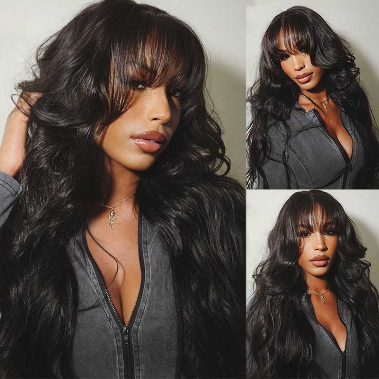 Klaiyi 13x4 3D Fluffy Body Wave Lace Frontal Wig with Bangs & Layers Pre everything Put on and Go Human Hair Wigs