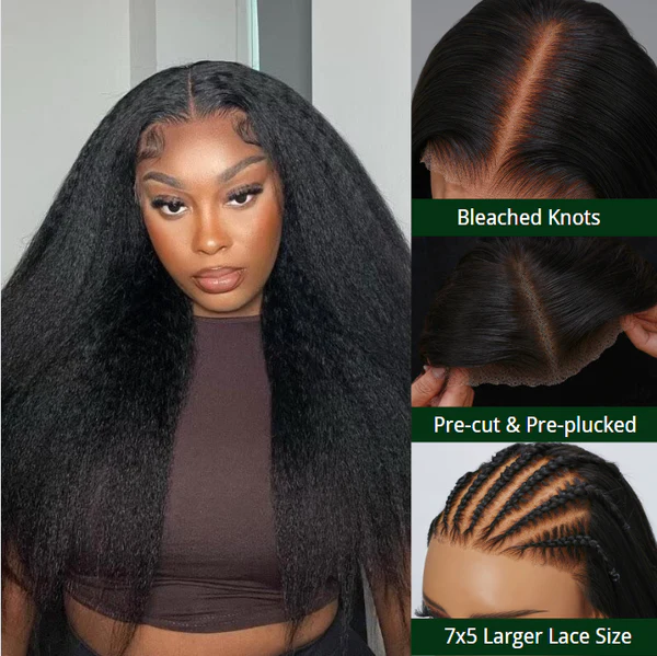 $179 Get 2 Wigs | 180% Density 7x5 Pre-Everything Kinky Straight Wig + 180% Density 13x4 Lace Front Wig Burgundy Bob Wig With Bangs With Layers Flash Sale