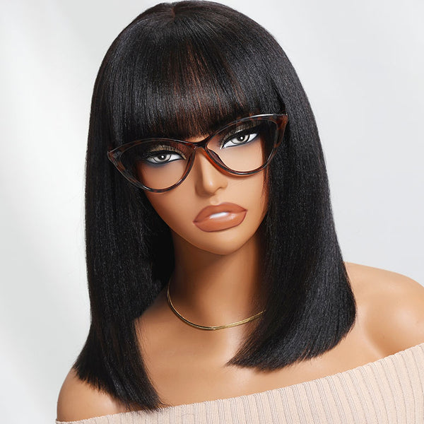 Klaiyi Yaki Straight Bob Wig with Bang 2x4 Lace Closure Wig Beginner Friendly Human Hair Wig Flash Sale