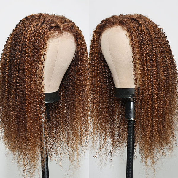 【24“=$29 by Afterpay】Klaiyi 13x4 Lace Frontal Ombre Highlight Piano BrownJerry Curly Wigs Flash Sale