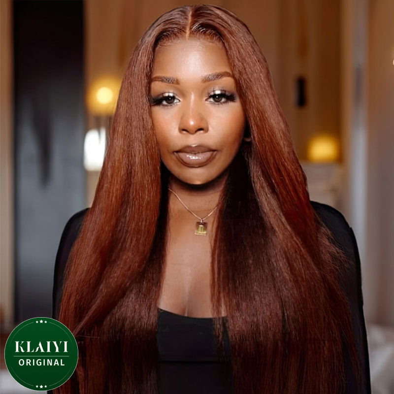 Klaiyi Reddish Brown Yaki Straight  Sporty Wear Go Wig 7x5 Put On and Go Glueless Lace Wigs Flash Sale