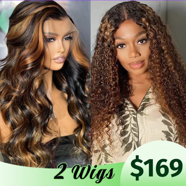 $169 Get 2 Wigs |  Ombre Balayage Colored Body Wave 13x5x0.75 T Part Lace Wig + Ombre Balayage Colored Jerry Curly V Part  Meets Real Scalp Glueless Wigs Flash Sale